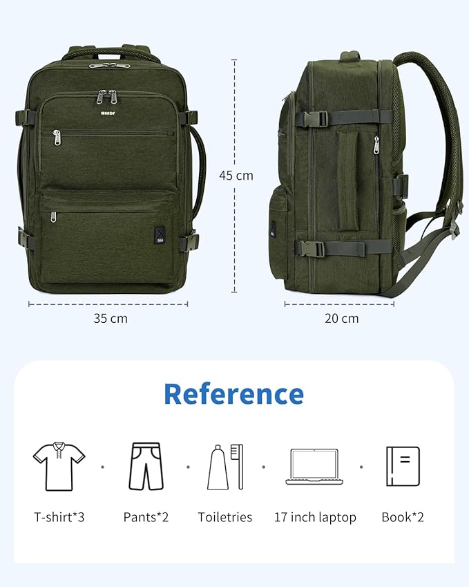 WANDF Travel Backpack For Spirit Airlines Personal Item Bag 18x14x8 with Wet Pocket, 17 Inch Laptop Backpack for Men Women（Dark Green）
