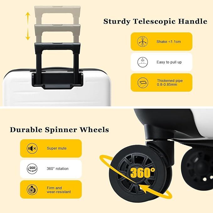 16 Inch Underseat Carry On Luggage Airline Approved, Expandable Lightweight ABS+PC Hard Shell Suitcases with 360° Spinner Wheels, TSA Lock, YKK Zipper, for Business Weekender (White, 1 PC)