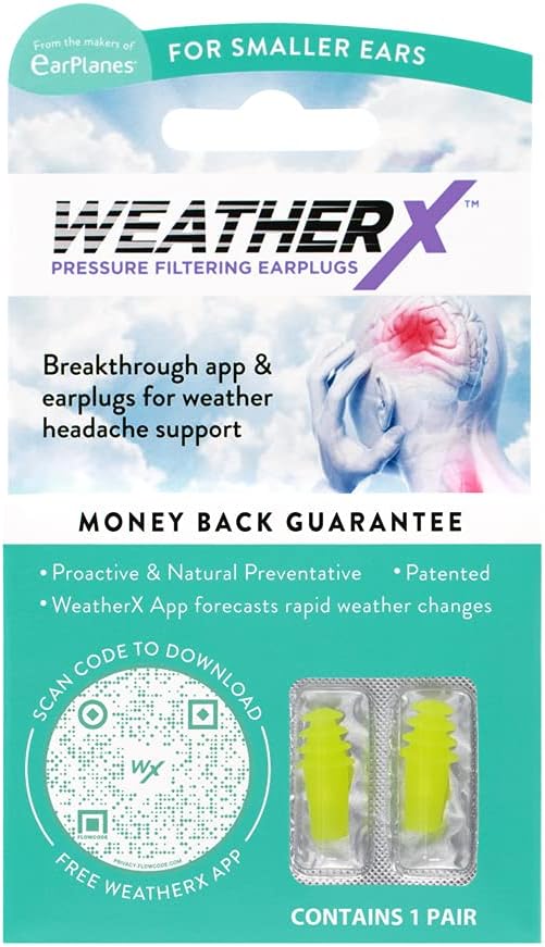 Pressure Filtering Earplug for Shifts in Barometric Weather Pressure, Download Free Alert app (Small 1 Pk)