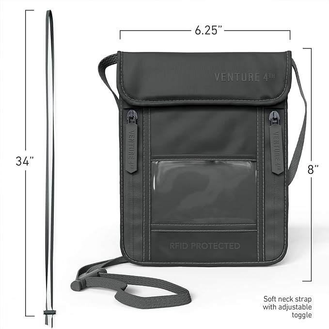VENTURE 4TH Neck Wallet for Women & Men – RFID Blocking Passport Holder for Travel, Hidden Neck Pouch with 6 Compartments, Slim Lightweight Travel Organizer with Adjustable Strap (Sleek Gray)
