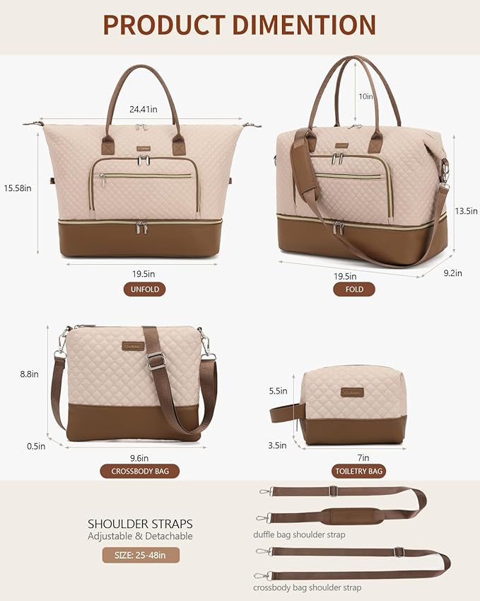 Duffle Bag for Women Travel, Weekender Bag Overnight Bag with Shoe Compartment, Carry on Bag with Crossbody Purse for Over Night, Weekend, Yoga, Gym, Business Trips, Hospital, Nude Brown