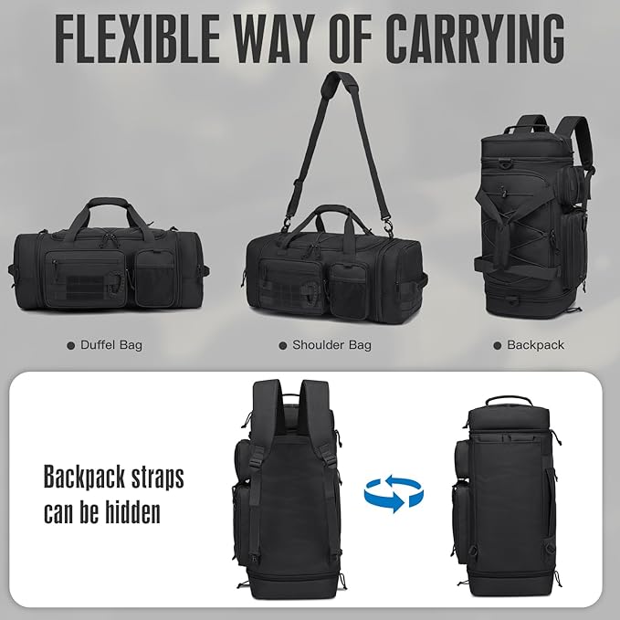 3 in 1 Tactical Gym Bag Backpack for Men 40-45L Expandable Travel Duffle Bag for Women Large Military Sport Duffel Bags Weekend Overnight with Shoe Compartment & Wet Pocket for Fitness, Black