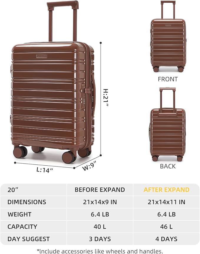 LARVENDER Carry On Luggage 22x14x9 Airline Approved, 20 Inch Expandable PC+ABS Hardside Suitcase Carry On Luggage with Spinner Wheels TSA Lock for Women Men (Mocha)