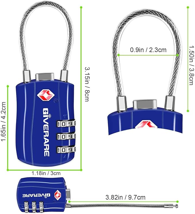 GIVERARE 2 Pack TSA Approved Luggage Locks, Combination Travel Cable Lock, Re-settable 3-Digit Padlocks with Alloy Body, Keyless TSA Padlock for Gym Locker, Golf Bag Case-Blue