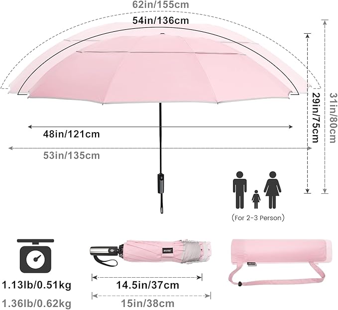 G4Free 54/62 Inch Windproof Inverted Umbrella with Reflective Stripe Large Compact Reverse Golf Umbrella for Rain 10 Ribs Double Canopy Travel Umbrella Automatic Open Close