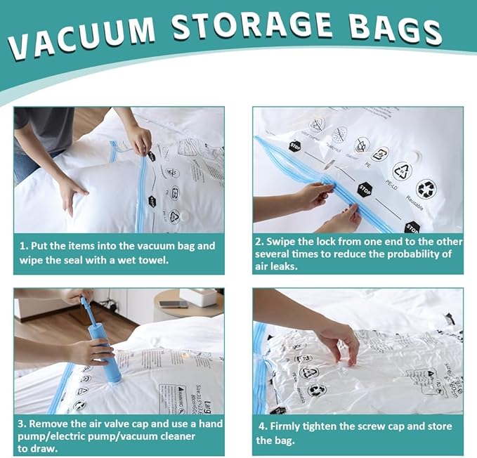 6 Pack Vacuum Storage Bags, Space Saver Compression Bags for Clothing, Comforters, Blankets, Vacuum Seal Bags with Hand Pump. (2×Jumbo, 2×Large, 2×Medium)