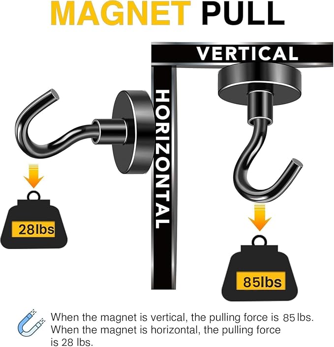 DIYMAG Magnetic Hooks, 85 LB Black Heavy Duty Strong Magnet with Hook, Rare Earth Neodymium Magnets for Hanging, Magnetics Hanger for Curtain, Home, Kitchen, Workplace, 12 Packs,