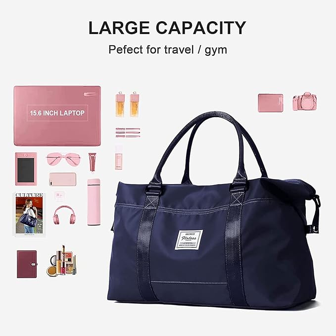 Dark Blue Sport Travel Duffle Bag Large Gym Tote Bags for Women, Weekender Carry on Bags for Airplane, Ladies Beach Overnight Waterproof Luggage Bags with Wet Pocket