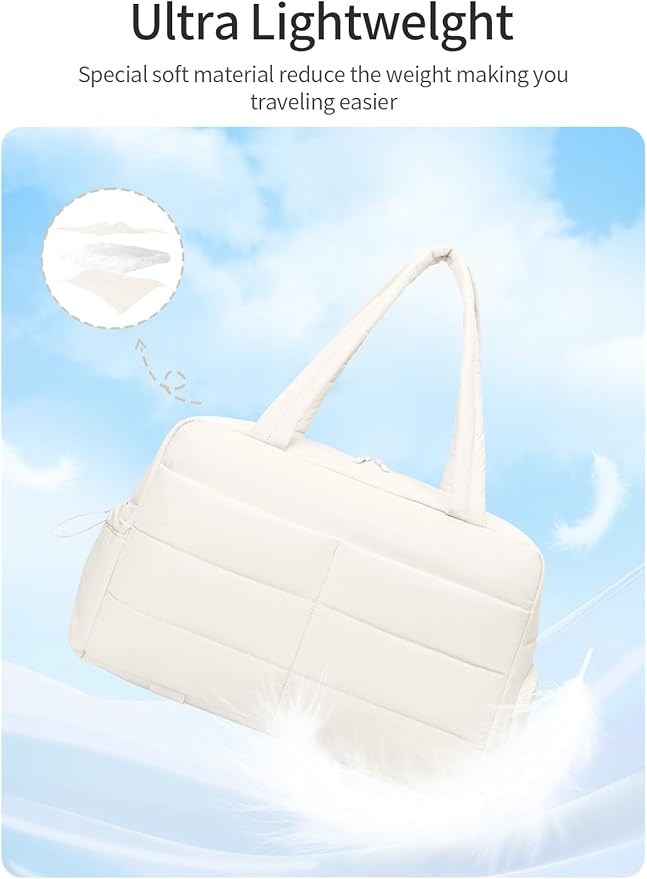 Gitus Carry On Duffle Gym Bag for Women Puffer Weekender Overnight Duffel Bag for Travel with Clear Toiletry Pouch Sport Yoga Fitness Essentials Gifts (Ivory)