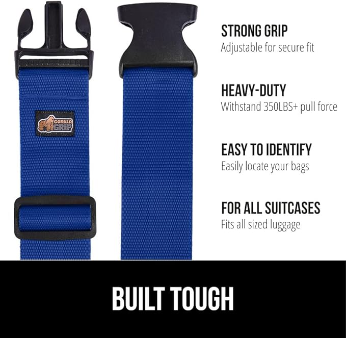 GORILLA GRIP Heavy Duty 8 Pack Adjustable Luggage Straps for Suitcases, Easy to Identify Travel Belt Connector Holds Suitcase Together, Extends Life of Bag, Strap Connects Two Bags, Accessories Blue