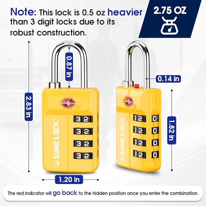 TSA Approved Travel Luggage Locks, Open Alert Combination Lock for School Office & Gym Locker ,Toolbox, Pelican Case,Easy Read Dials- 1, 2 & 4 Pack (1, Yellow 1 Pack)