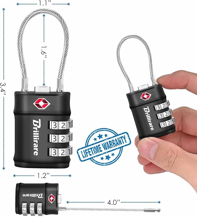 2 Pack TSA Approved Luggage Locks, Combination Travel Cable Lock, 3-Digit Waterproof Padlock, Zinc Alloy Outdoor Keyless Resettable Lock for Travel, Lockers, Bags, Backpack, Gym, Gate-by BRILLIRARE