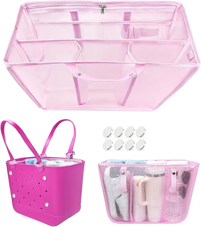 XYFuuee Beach Bag Organizer Inserts for Large Simple Modern Bag Accessories, with 8 Removable Metal Fasteners, Lightweight Mesh Insert Divider Pouch, Organizing Rubber Tote, Save Space, Pink