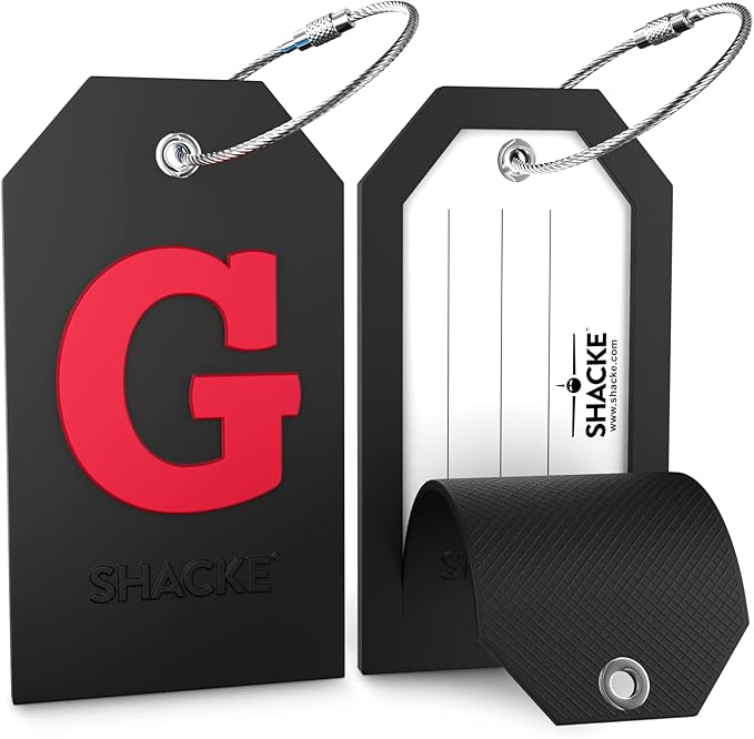 Shacke Large Luggage Tag Initial with Full Privacy Cover and Stainless Steel Loop - Black (Letter G)