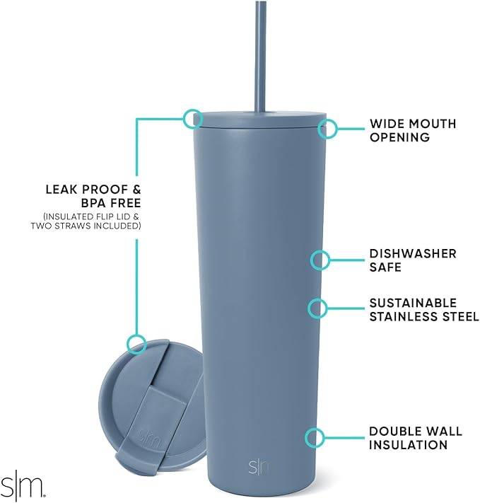 Simple Modern Classic Tumbler with Straw Lid | Insulated Iced Coffee Cup Reusable Stainless Steel Water Bottle Travel Mug | Gifts for Women Men Her Him | 28oz | Blue Dune