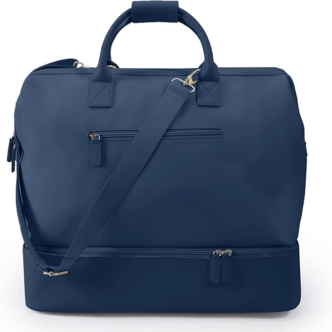 NOBL Travel Weekender Bag for Women & Men, Large Duffel Carry-On Tote with Trolley Sleeve, Separate Shoe Compartment & Laptop Pocket, Leather Overnight Bag for Airplane, Road Trips - Midnight blue