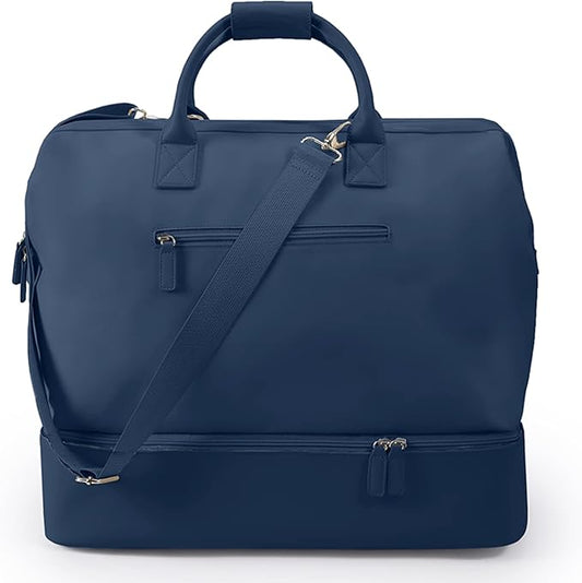 NOBL Travel Weekender Bag for Women & Men, Large Duffel Carry-On Tote with Trolley Sleeve, Separate Shoe Compartment & Laptop Pocket, Leather Overnight Bag for Airplane, Road Trips - Midnight blue
