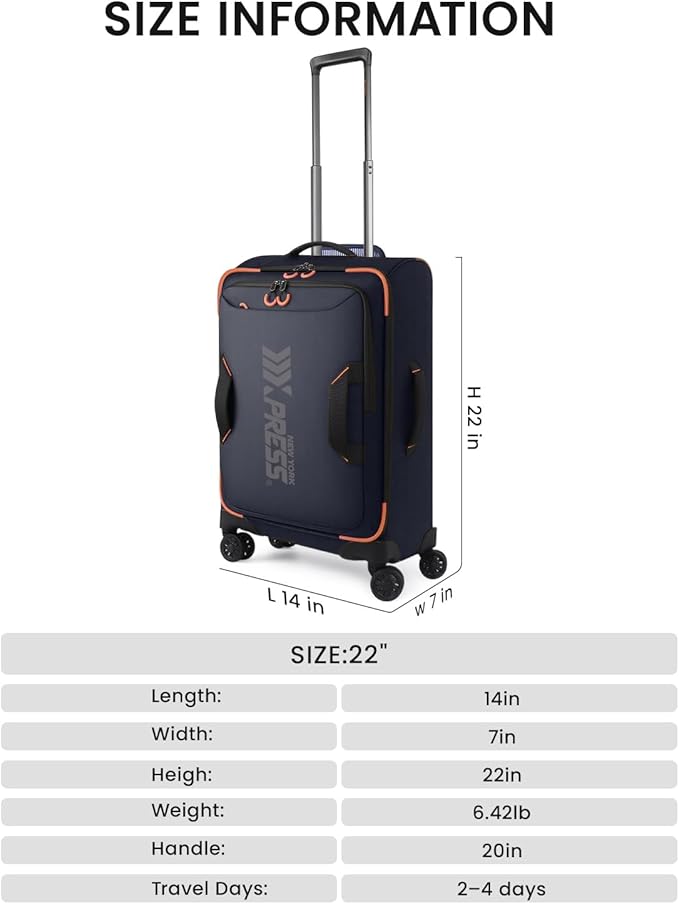 22" Luggage, Softside Suitcase w/Double Spinner Wheels, Waterproof,Lightweight Rolling Suitcases for Men/Women（Blue,22in）