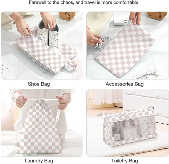 8 Set Packing Cubes for Suitcases, Packing Cubes with Shoe, Cosmetics, Clothing, Accessories Bags for Travel Luggage Organizer Women Men(Light Pink Checkered)