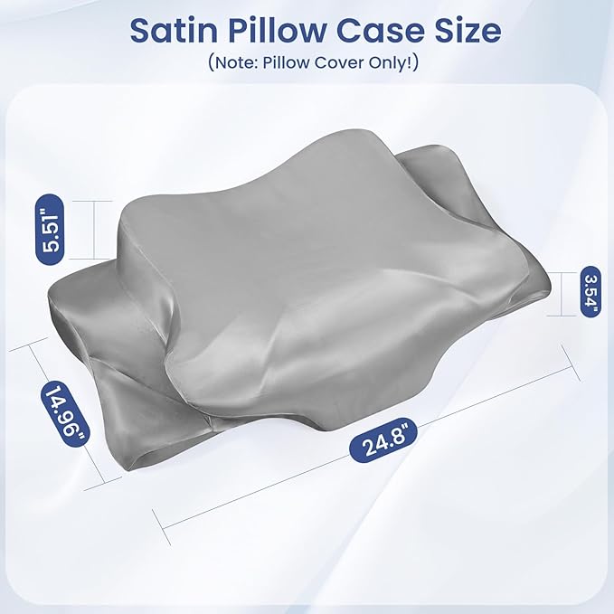 Satin Pillowcase for Cervical Pillows, (Cover Only) Fit for Orthopedic Neck Support Pillow, Silky Smooth Pillowcase Cover with Zipper Closure (Gray)