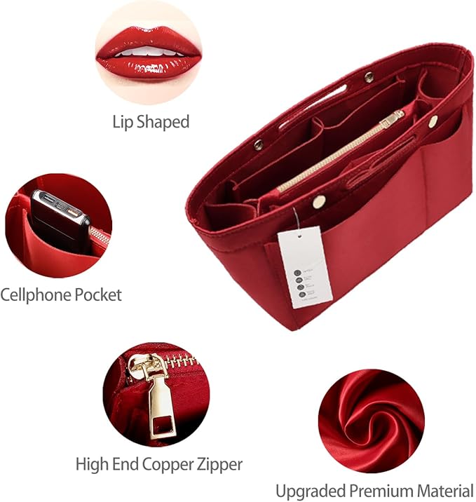 ZTUJO Purse Organizer Insert For Handbags, Silky Bag Organizer With 2 Zippers For Speedy Neverful Tote and More (Red, X-Large)
