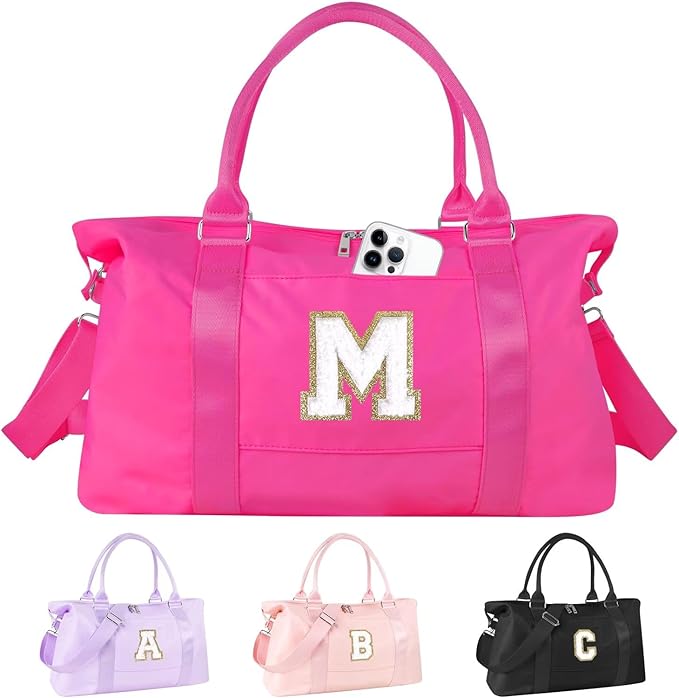 Dance Gym Duffel Bag for Teen Girls, Personalized Initial Travel Weekender Bag,Cute Overnight Carry On Duffle for Women,Sports Travel Cheer Bag,Monogram Christmas Gifts for Tween Preppy(rosered-M)