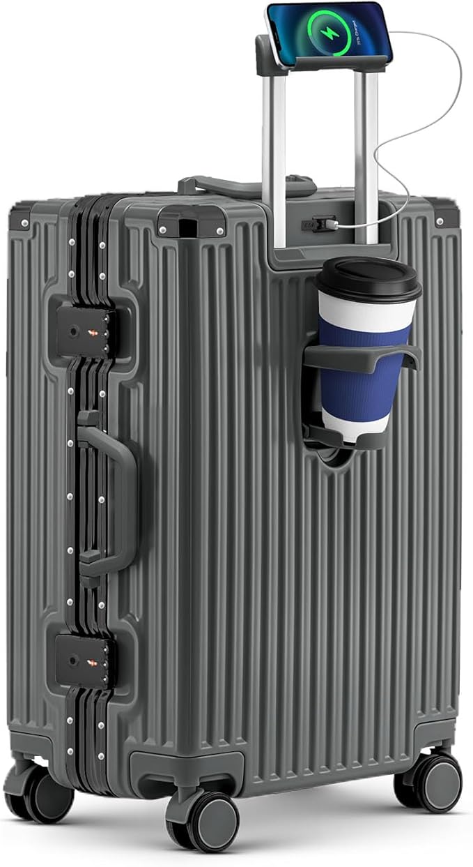Carry On Luggage, 24 Inch Zipperless Luggage, Aluminum Frame Hardside Suitcase with TSA Lock, Spinner Wheels, Phone Holder, Charging Port, Cup Holder for Lightweight Travel, Grey