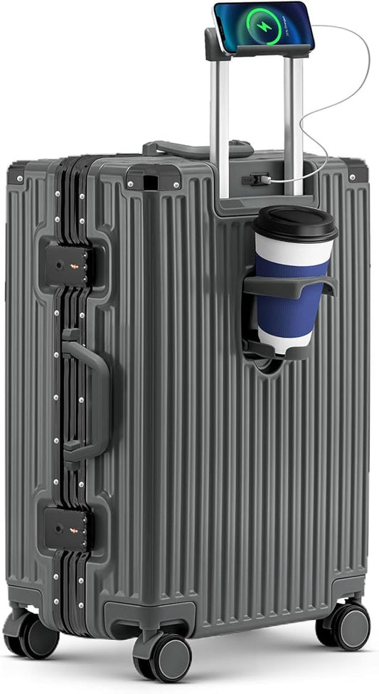 Carry On Luggage, 24 Inch Zipperless Luggage, Aluminum Frame Hardside Suitcase with TSA Lock, Spinner Wheels, Phone Holder, Charging Port, Cup Holder for Lightweight Travel, Grey
