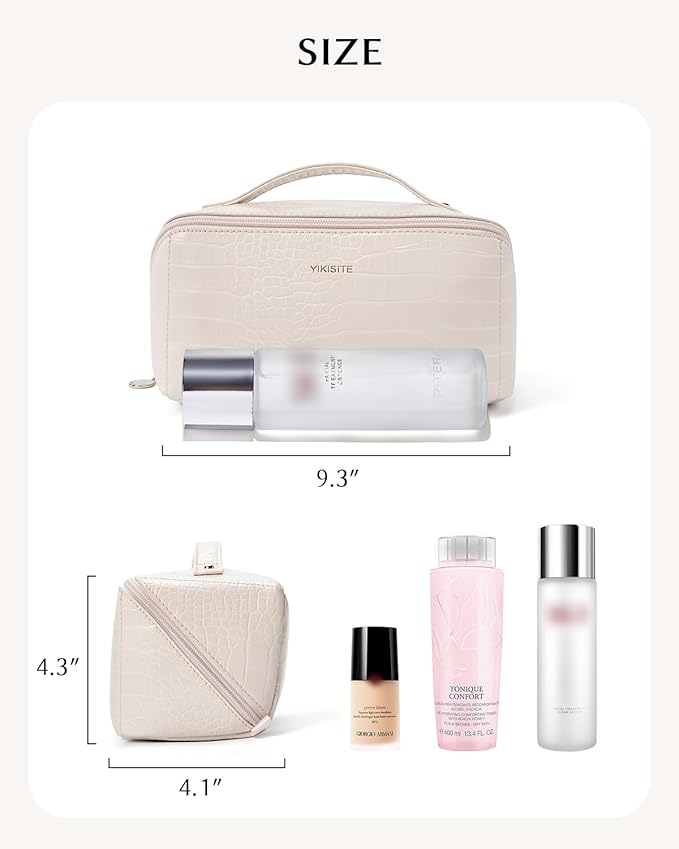 Make Up Bag, Cosmetic Organizer for Women, Waterproof Croc PU Leather Makeup Organizer with Divider and Handle Toiletry Bag Travel Bag(Croc Embossed, White)