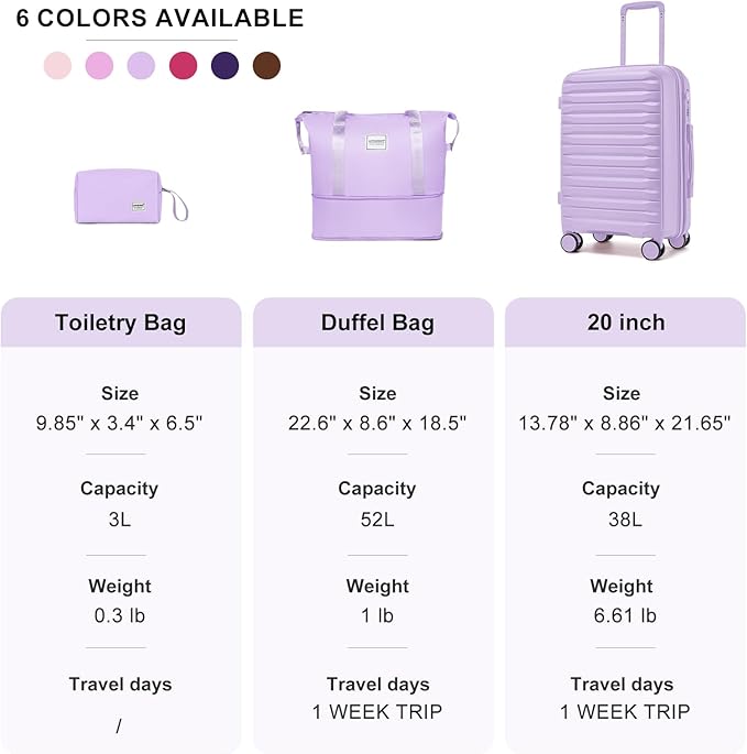 LARVENDER Luggage Sets 3 Piece, Expandable Hardside PP Carry On Luggage Suitcase with 360° Spinner Wheels TSA Lock Suitcase Set for Women Men, Lavender