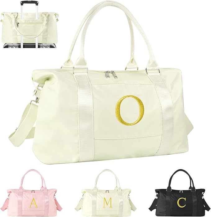 Personalized Initial Gym Dance Bag, Travel Duffel Bag for Teen Girls, Carry On Bag Overnight Weekender Bag with Trolley Sleeve, Birthday Gifts for Women Mom Daughter Graduation Gift(Letter O, Beige)