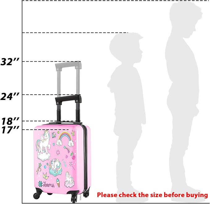 Redbaker 17 Inch 6 Pcs Kids Luggage Set Kids Rolling Luggage Double Pattern Suitcase for Boys Girls (Soft Pink, Unicorn)