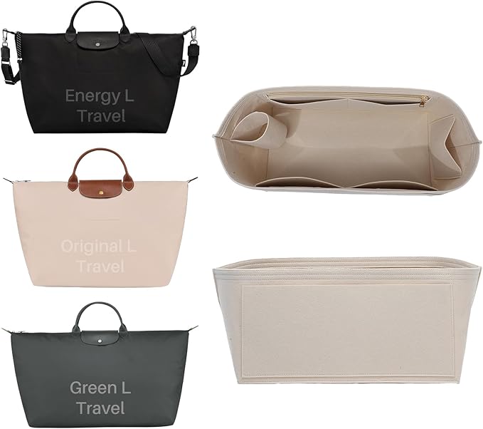 Premium Felt Purse Organizer Insert for Longchamp Le Pliage, Zipper Long Champ Bag Organizer Insert with Cup Holder, 9 Compartments
