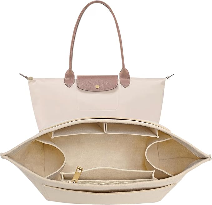 LOUKAYCCI Purse Organizer Insert for Longchamp Le Pliage L Handbag Insert Felt Long Champ Tote Bag Organizer Insert with Cup (Beige, Large)