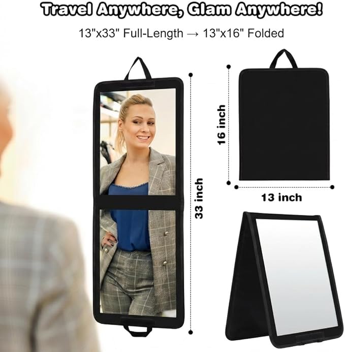 LPHUMEX Foldable Full Length Dance Mirror – 33” Portable Shatterproof Hanging Mirror, Folding Full Length Travel Mirror for Dancing, Camping, RV