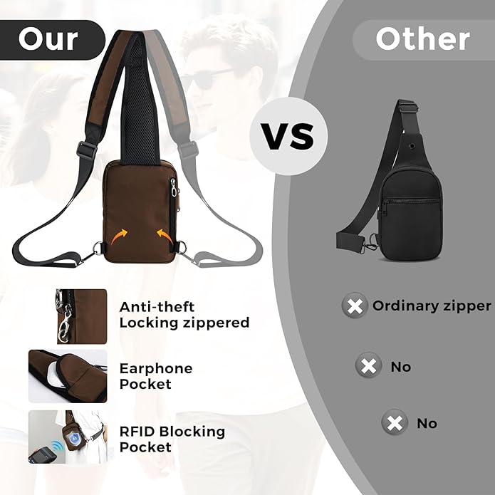VADOO Sling Bag, Crossbody Bag with Zipper Lock, RFID Blocking & Water Resistant for Men and Women