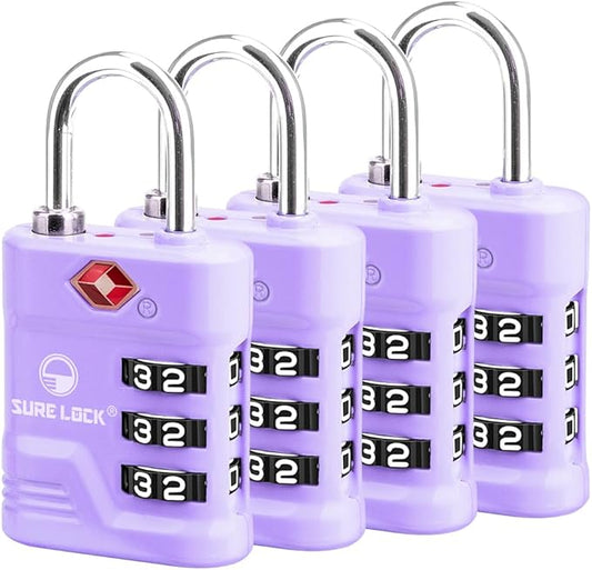 SURE LOCK TSA Approved Luggage Lock – 3-Digit Resettable Combination Padlock with Open Alert Red Dot, Large Easy-Read Dials for Suitcases, Backpacks, Gym & School Lockers (Purple 4 pk)