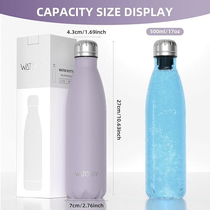 WATERSY Stainless Steel water bottles,17oz/500ml Insulated Water Bottles,Purple metal water bottle Keeps Drink Cold and Hot,BPA Free kids water bottles for School,Gym,Travel,Sports