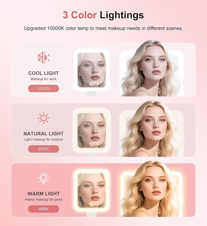 Travel Makeup Mirror with Lights 10X/1X Double-Sided Magnifying LED Beauty Mirror Rechargeable Portable Vanity Mirror with 3 Color Lighting Smart Touch Dimming Desktop Handheld Hanging