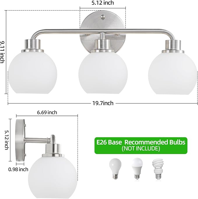 Bathroom Light Fixtures Brushed Nickel Vanity Light 3 Light Silver | Wall Sconces Lighting with Milk Globe Glass Shades Bath Wall Lamp for Mirror Kitchen Living Room Bedroom Hallway