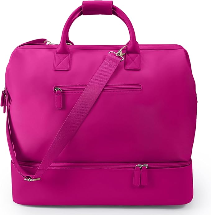 NOBL Travel Weekender Bag for Women & Men, Large Duffel Carry-On Tote with Trolley Sleeve, Separate Shoe Compartment & Laptop Pocket, Leather Overnight Bag for Airplane, Gym, Road Trips - Hot Pink