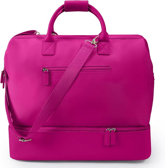 NOBL Travel Weekender Bag for Women & Men, Large Duffel Carry-On Tote with Trolley Sleeve, Separate Shoe Compartment & Laptop Pocket, Leather Overnight Bag for Airplane, Gym, Road Trips - Hot Pink