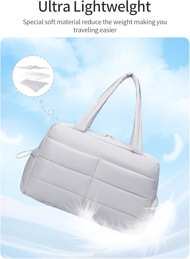 Gitus Carry On Duffle Gym Bag for Women Puffer Weekender Overnight Duffel Bag for Travel with Clear Toiletry Pouch Sport Yoga Fitness Essentials Gifts (Lightgrey)