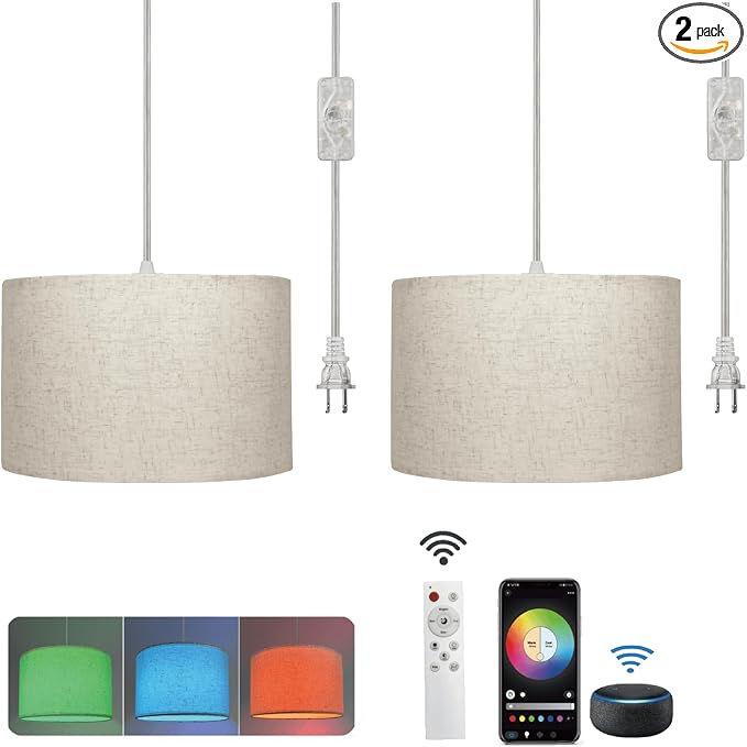 Hanging Lamp Plug in Pendant Light 2 Pack with Remote Control, 15Ft Hanging Lights with Plug in Cord Beige Lamp Shade Plug in Ceiling Light with Cord for Bedroom, Kitchen, Living Room, Dining Table
