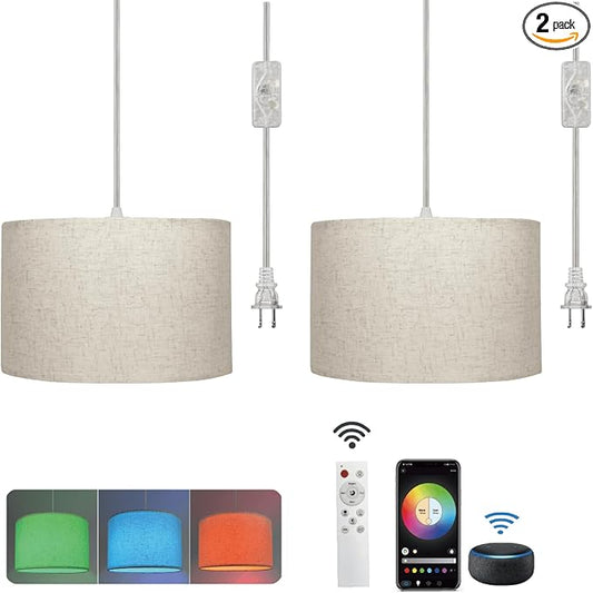 Hanging Lamp Plug in Pendant Light 2 Pack with Remote Control, 15Ft Hanging Lights with Plug in Cord Beige Lamp Shade Plug in Ceiling Light with Cord for Bedroom, Kitchen, Living Room, Dining Table