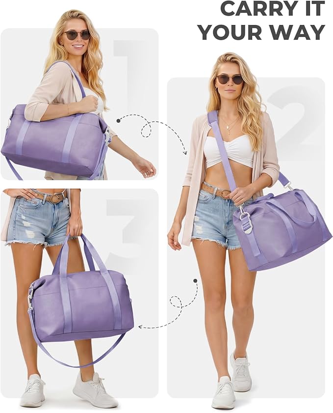 Percover Weekender Travel Duffel Bag for Women, Lightweight Soft-Structure 33L Carry-On, Water-Resistant Nylon with Shoulder Strap & Trolley Sleeve, Personal Item Friendly, Lavender Purple