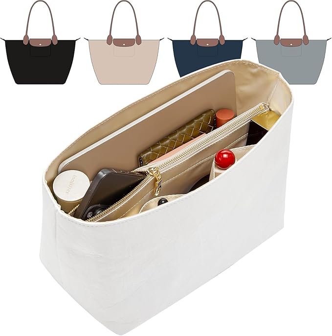 Doxo Upgraded Purse Organizer Insert for Long Champ, Bag Organizer for Long Champ Large and More, Ultra-light Waterproof DupontPaper le pliage Accessories, Women Tote Handbag Dividers(White,L)