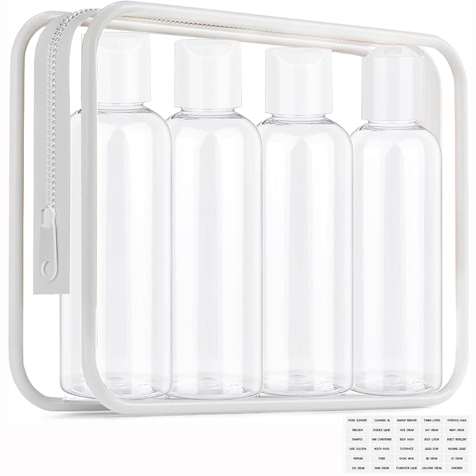 Moonlik Clear Toiletry Travel Bottles, 3.4oz/100ml TSA Approved Empty Containers with Toiletry Bag - Cosmetic Kit with Labels for Shampoo, Conditioner, Lotion, and Airplane Accessories(4Pack, White)