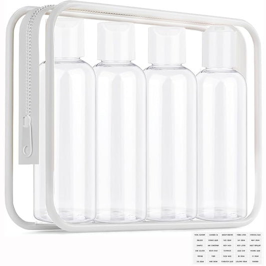Moonlik Clear Toiletry Travel Bottles, 3.4oz/100ml TSA Approved Empty Containers with Toiletry Bag - Cosmetic Kit with Labels for Shampoo, Conditioner, Lotion, and Airplane Accessories(4Pack, White)