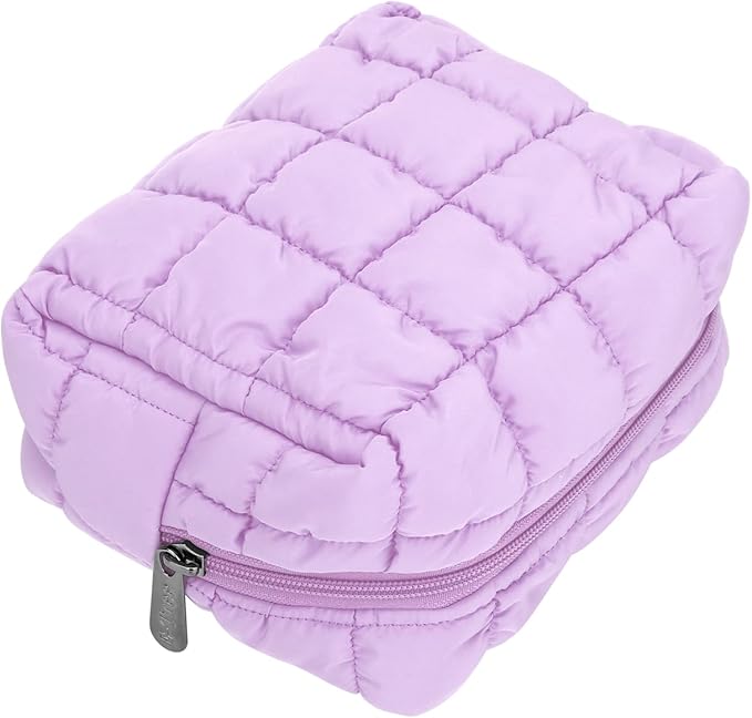 E-Tree Cute Makeup Bag,Quilted Cosmetic Bag for Women,Make up Pouch for Purse,Toiletry Zipper Pouch,Checkered Bag,Travel Case,Storage Pouches for Organization (Purple)